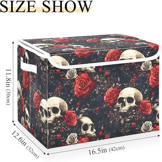 Rose Skulls Storage Cube Bins Basket with Lid Collapsible Flip-top Fabric with Handle for Home Bedroom Closet Office 16.5×12.6×11.8 in