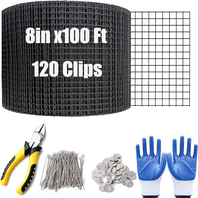 8in x 100ft Solar Panel Bird Guard - Black Galvanized PVC Coated Wire Mesh Net &amp 120 Fastener Clips - Rooftop Solar Panel Critter Guard Screen to Protect Against Birds and Small Animals