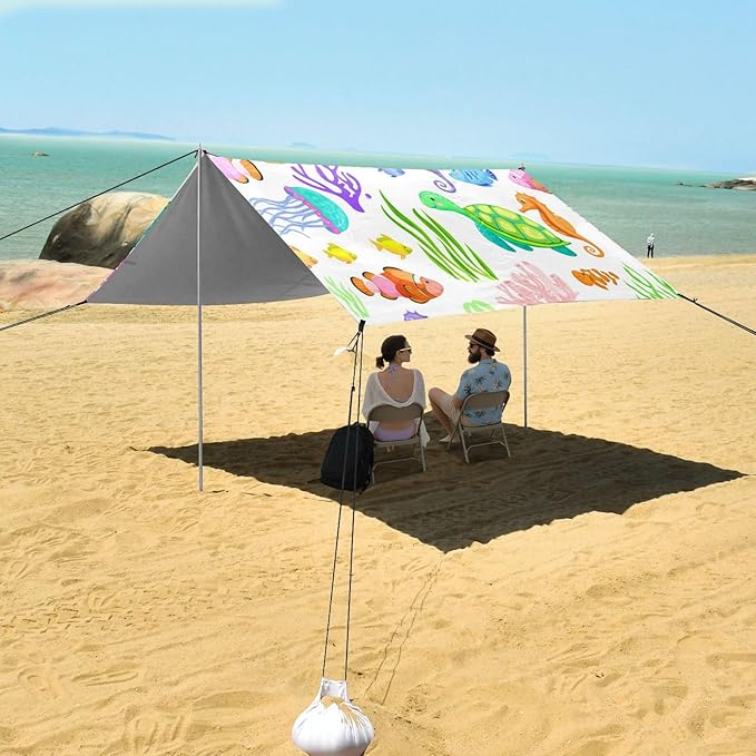 xigua Cute Turtles Beach Tent Sun Shelter with Carrying Bag - Silver Coated Oxford Fabric Beach Canopy for Beach Camping Fishing - Includes Windproof Ropes Sandbags &amp Stakes