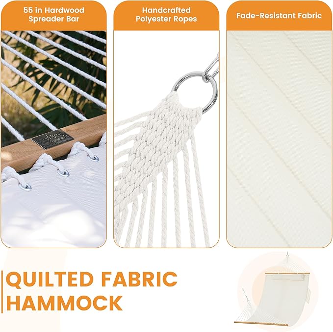 Lazy Daze Hammocks 2 Person Double Quilted Fabric Hammock with Spreader Bar Detachable Pillow Side Pocket Carabiners Chains Straps for Outdoor 450lbs Capacity Natural