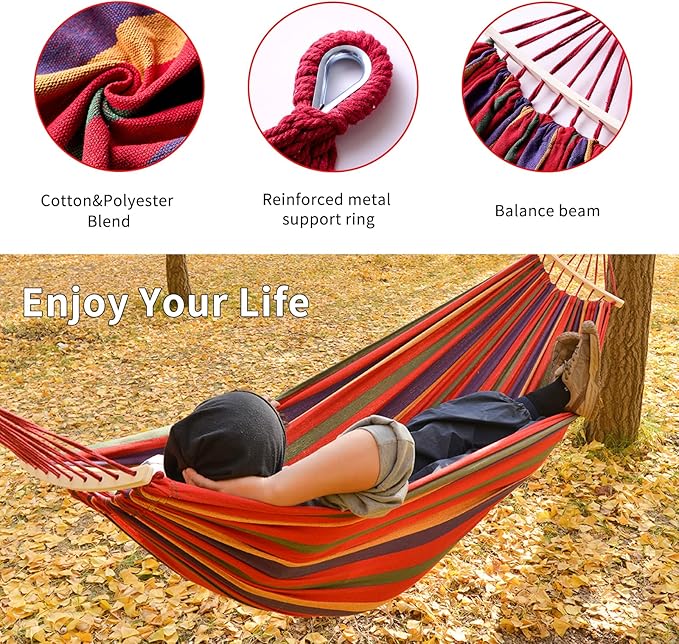 Hammock Cotton Canvas Hammock Portable Camping Hammock with Carrying Bag Two Anti Roll Balance Beam Metal Carabiner Ropes and Tree StrapsSuit for IndoorYardCampingOutdoor-Rainbow