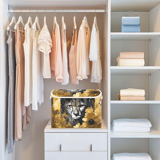 AIXIWAWA Lidded Storage Cube (Cheetah Gold Flower) Fabric Foldable Closet Bins with Flip Lid and Handles Organizer Basket Container 16.5 x 12.6 x 11.8 IN