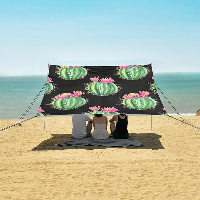 Beach Canopy with Windproof Ropes &amp Sandbags Beach Tent Sun Shade Sun Shelter for Camping Trips Fishing Backyard Fun or Picnics Cactus