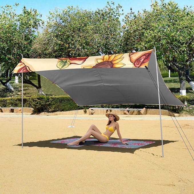 ALAZA Pizza Sunflower Pattern Beach Tent Sun Shelter Portable Canopy Sunshade for Outdoor Camping Picnics Backyard Fun 10x9 ft