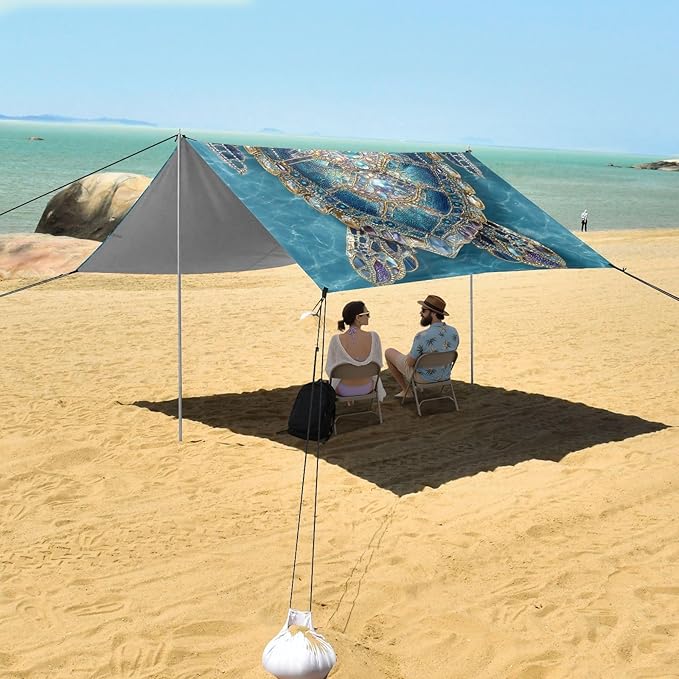 ALAZA Jewel Turtle Boho Beach Tent Sun Shelter UPF50+ Protection Beach Shade Canopy w/ 4 Sandbags for Outdoor Camping Fishing Backyard Fun Picnic 10x9 ft