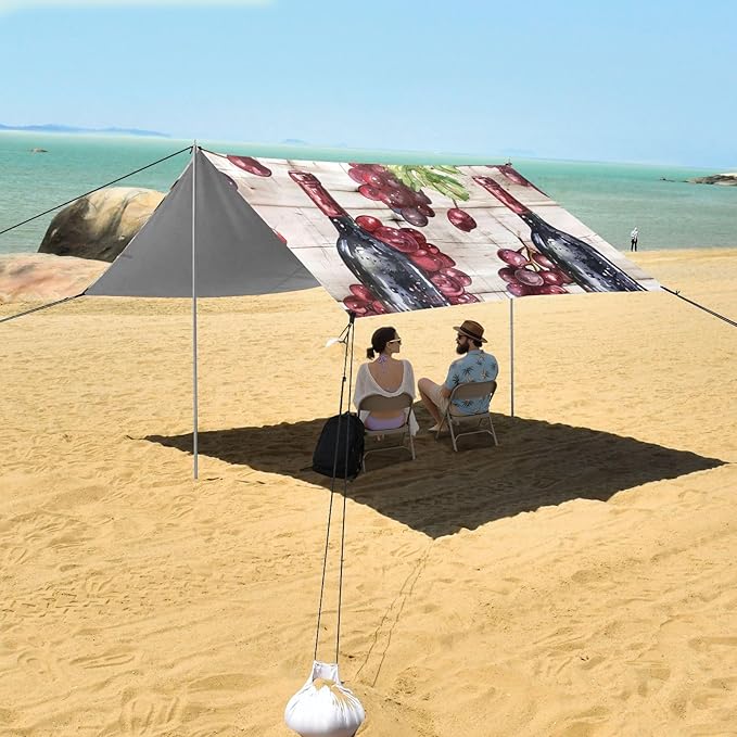 ALAZA Watercolor Red Wine Bottle Grapes Wooden Beach Tent Sun Shelter Portable Canopy Sunshade for Outdoor Camping Picnics Backyard Fun 10x9 ft