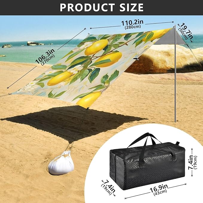 ALAZA Lemon Print Flower Beach Tent Sun Shelter Portable Canopy Sunshade for Outdoor Camping Picnics Backyard Fun 10x9 ft