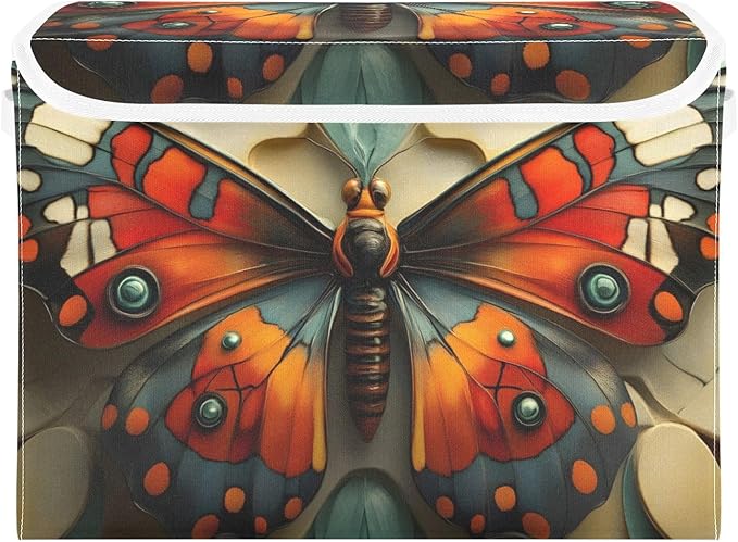 AIXIWAWA Lidded Storage Cube (Butterfly Artwork) Fabric Foldable Closet Bins with Flip Lid and Handles Organizer Basket Container 16.5 x 12.6 x 11.8 IN
