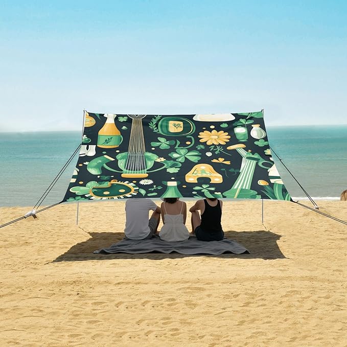 ALAZA St.Patrick's Day Clover Flower Elements Beach Tent Sun Shelter Portable Canopy Sunshade for Outdoor Camping Picnics Backyard Fun 10x9 ft