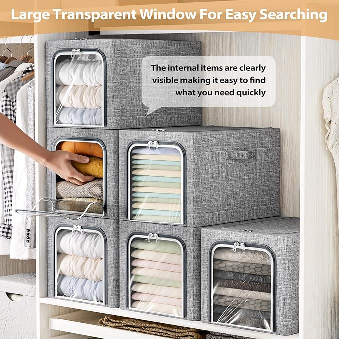 8 Pack Clothes Storage Bins with Metal Frame Foldable Clothing Storage Bins with Lids 49L Stackable Storage Box for Closet Fabric Organizer with Clear Window for Sweaters T-Shirts BeddingLight Grey
