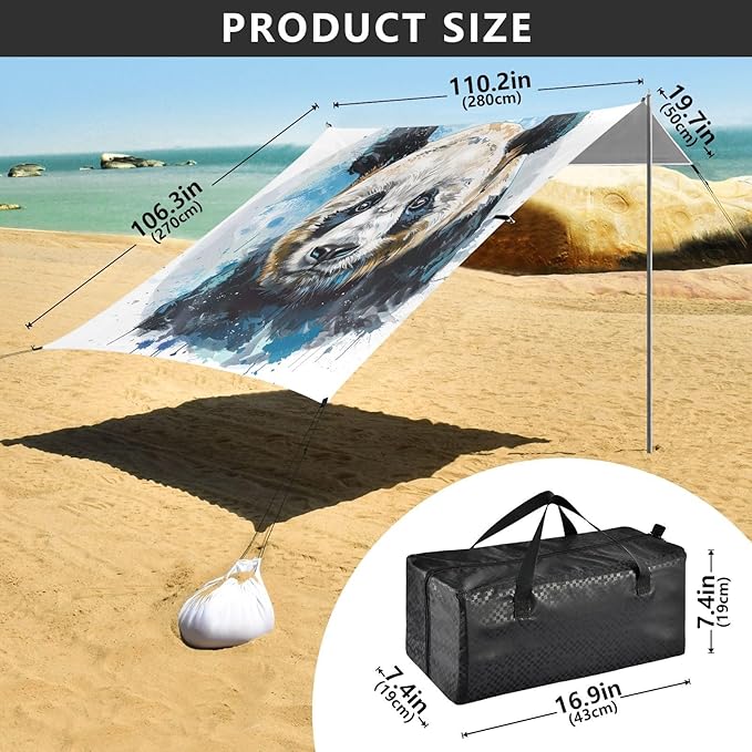 ALAZA Panda Portrait Watercolor Beach Tent Sun Shelter UPF50+ Protection Beach Shade Canopy w/ 4 Sandbags for Outdoor Camping Fishing Backyard Fun Picnic 10x9 ft