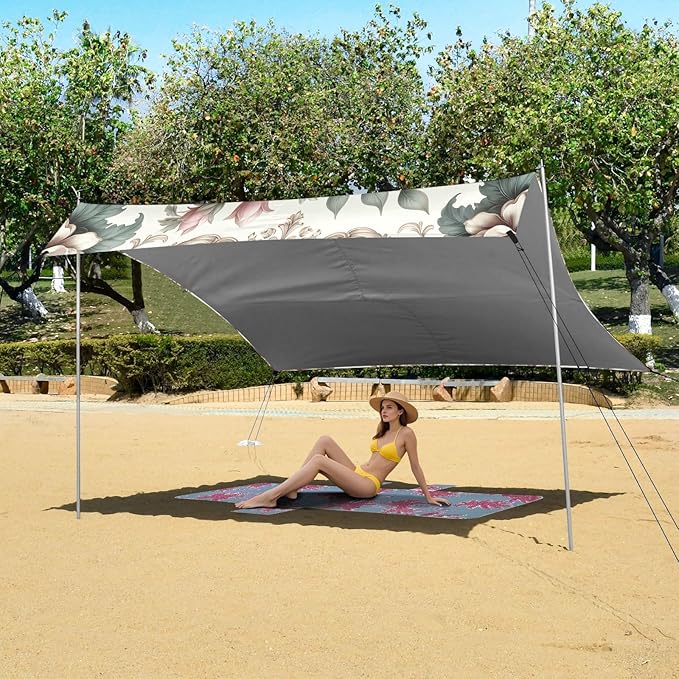 Retro Magnolia Flowers Beach Tent Sun Shelter Set UPF50+ UV Protection 10.5 x 9.19 FT Camping Shade Canopy with Sandbags Sand Anchors Carrying Bag and Others