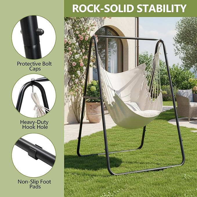 ONCLOUD 600LBS Heavy-Duty Hammock Chair with Stand Steel Hanging Chair Stand with Hook &amp Pillows Durable Swing Stand for Indoor Outdoor Weather Resistant Support Base Black (Hammock w/Stand)