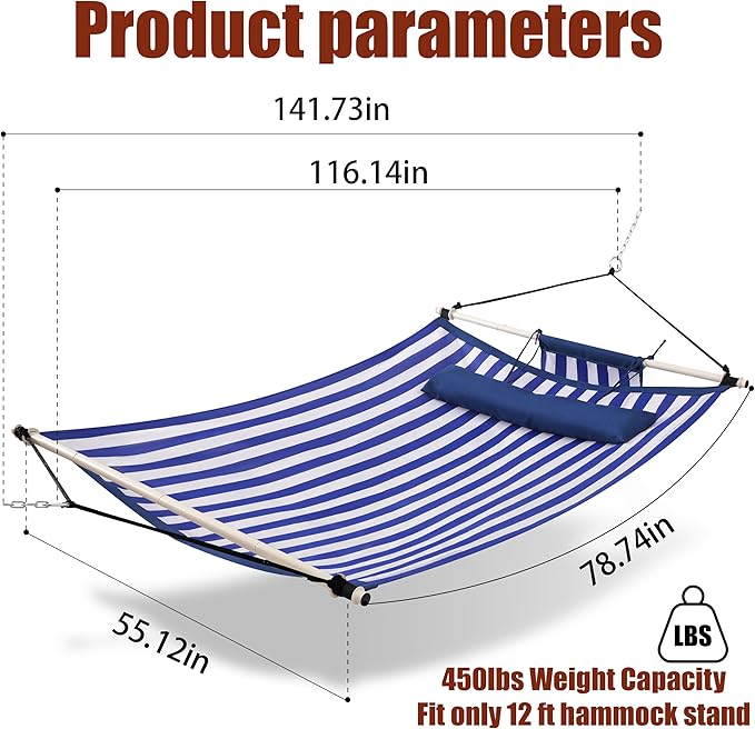 TegerDeger Anti-flip 12FT Hammock Large Hammock 450LB Capacity with Iron Spreader Bar &amp Nylon Rope for Outside Patio Garden Backyard Beach - Blue Strips