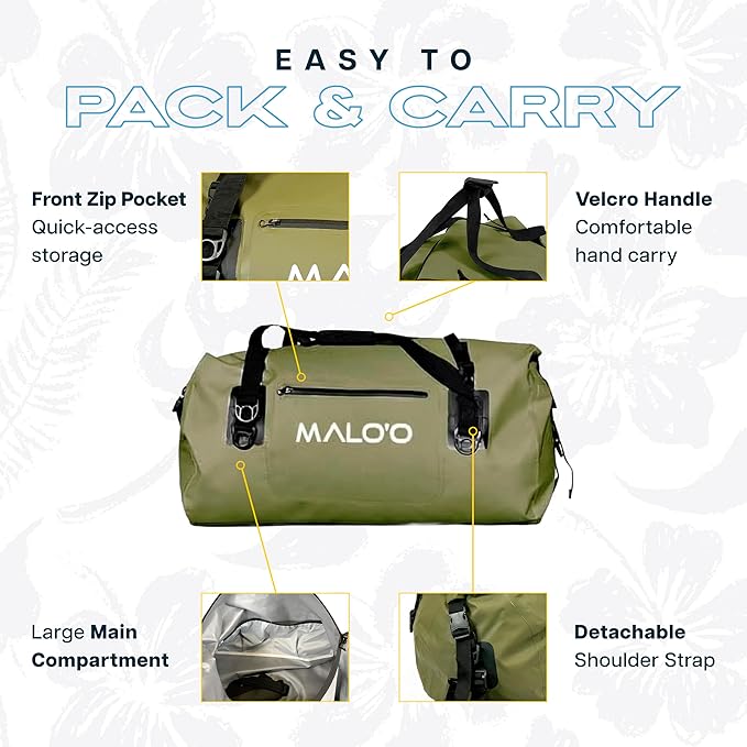 Malo’o Waterproof Dry Duffel Heavy-Duty Roll Top Waterproof Gear Bag with Shoulder Strap &amp Molle Loops Marine Duffel for Kayaking Boating Camping Beach &amp Travel Dark Green 40L