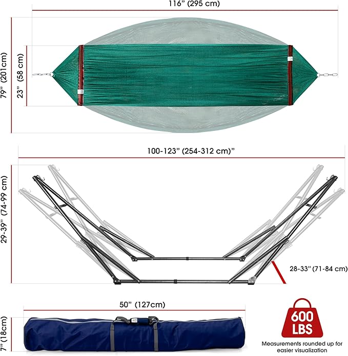 Tranquillo Foldable Hammock Stand Collapsible Camping Hammock and Stand Set 600 lbs Capacity Double Hammock Stand for 2 Persons Premium Steel Stand and Breathable Polyester Hammock Net Peacock
