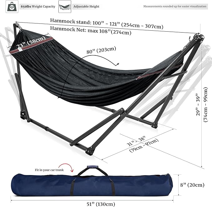 Tranquillo Universal Hammock Stand 600 lbs Capacity Instant 20s Foldable 3-Year Warranty Hammock with Stand 2 Person Camping Revolutionary Portable No Screws Premium Hammocks Black
