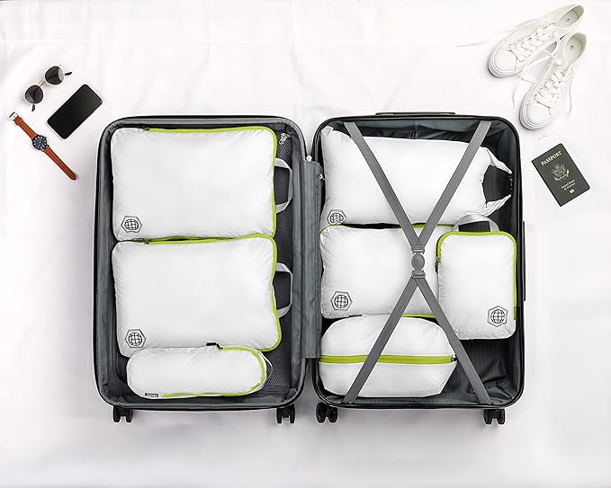 Large Compression Packing Cubes for Travel-Packing Cube Luggage Organizers 7 Piece Set for Checked Luggage-Ultralight Expandable/Compression Bags by TRIPPED Travel Gear (White/Green)