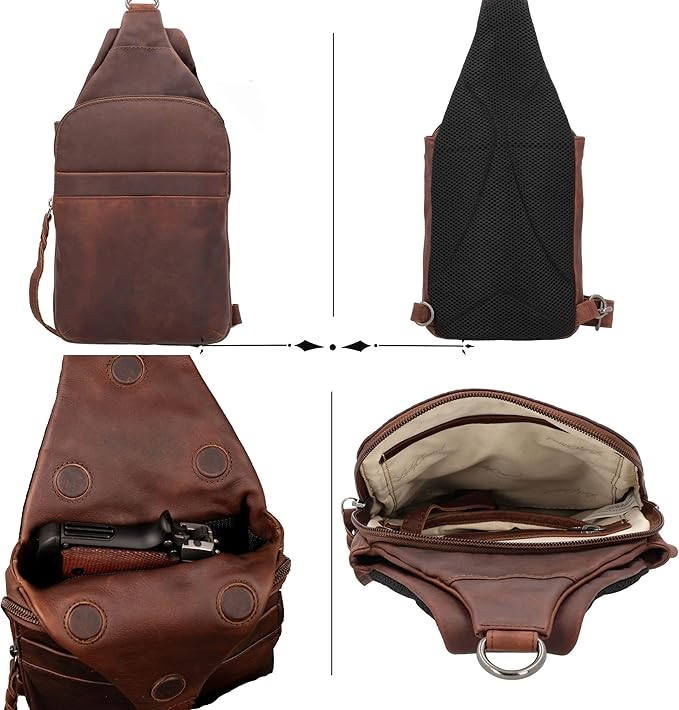 Lady Conceal - Dakota Unisex Leather Concealed Carry Sling Bag - Medium Frame Handgun - Concealment pockets with Magnetic Closure and Universal Holster Backpack (Dark Brown) - 7 L x 15 H x 2 D