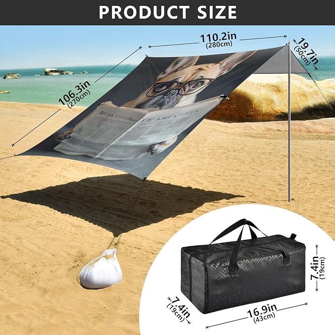 ALAZA Rimless Glasses French Bulldog Read Newspaper Beach Tent Sun Shelter Portable Canopy Sunshade for Outdoor Camping Picnics Backyard Fun 10x9 ft