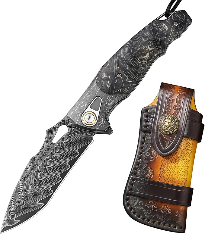Damascus Steel Folding Knife Camping Knives &amp Tools Folding Knife HRC 60 Vegetable Tanned Leather Sheath personalized Engraving Compact Folding Knife with Pocket Clip for Camping Gift for M