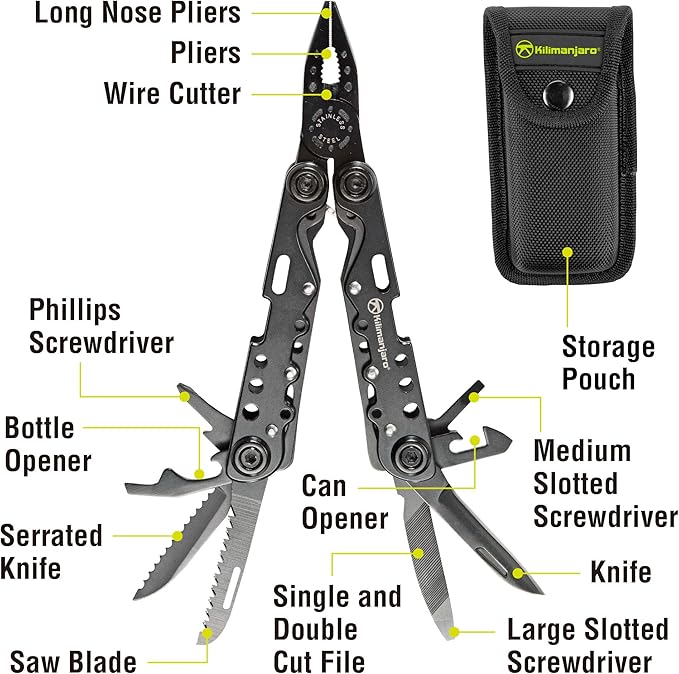 Kilimanjaro 13-in-1 Ballast Black Multi-Tool with Pliers Knife &amp Screwdrivers Anodized Aluminum Handles Secure Set Screws Belt Pouch Heavy-Duty Compact Tool for Camping &amp Work - 910053ECE