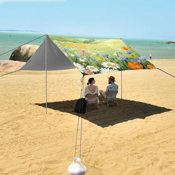 Beach Canopy with Windproof Ropes &amp Sandbags Beach Tent Sun Shade Sun Shelter for Camping Trips Fishing Backyard Fun or Picnics Landscape