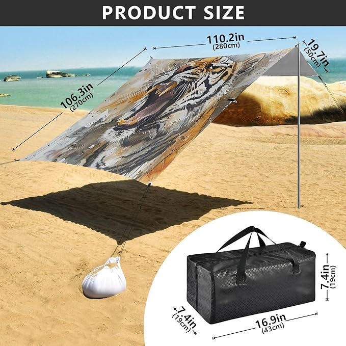 ALAZA Howling Tiger Watercolour Beach Tent Sun Shelter UPF50+ Protection Beach Shade Canopy w/ 4 Sandbags for Outdoor Camping Fishing Backyard Fun Picnic 10x9 ft