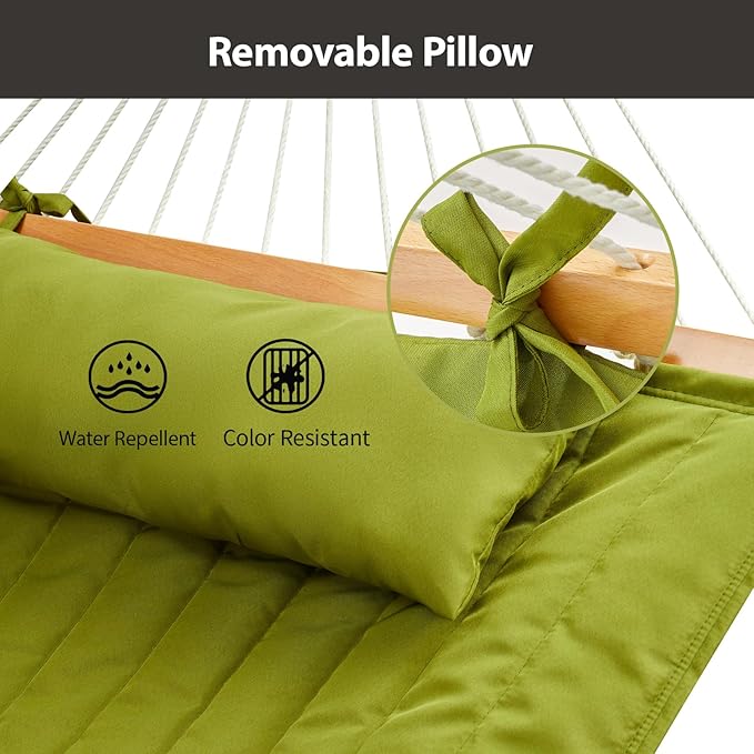 CHULIM Outdoor Double Hammock with Hardwood Spreader Bars Large Rope Hammock with Polyester Pad and Pillow 475 LBS Capacity for 2 Person Patio Backyard Poolside - Green
