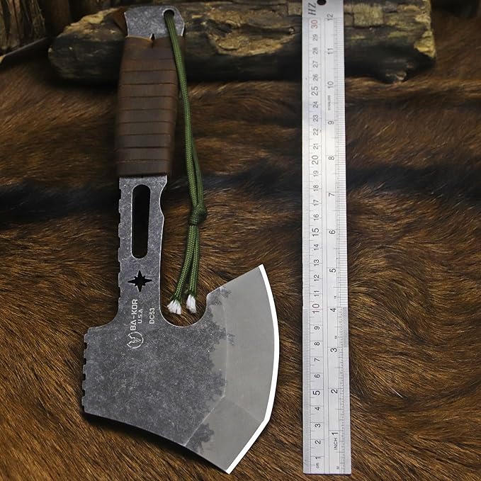 BA-KOR 12.2-inch DC53 Steel 10mm Thick Multi-Functional Survival Axe for Camping EDC Tool Jungle Logging Axe + Axe Sheath (5.9in) Cerium igniter