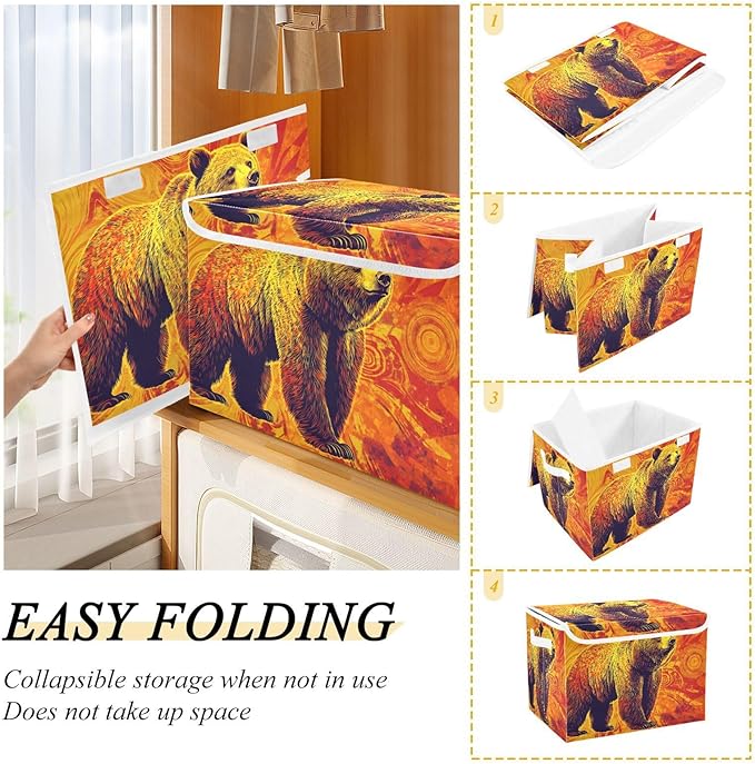 Storage Cube with Lid Surreal Bear Print 16.5×12.6×11.8 IN Collapsible Large Capacity Foldable Storage Basket Bin Organizer