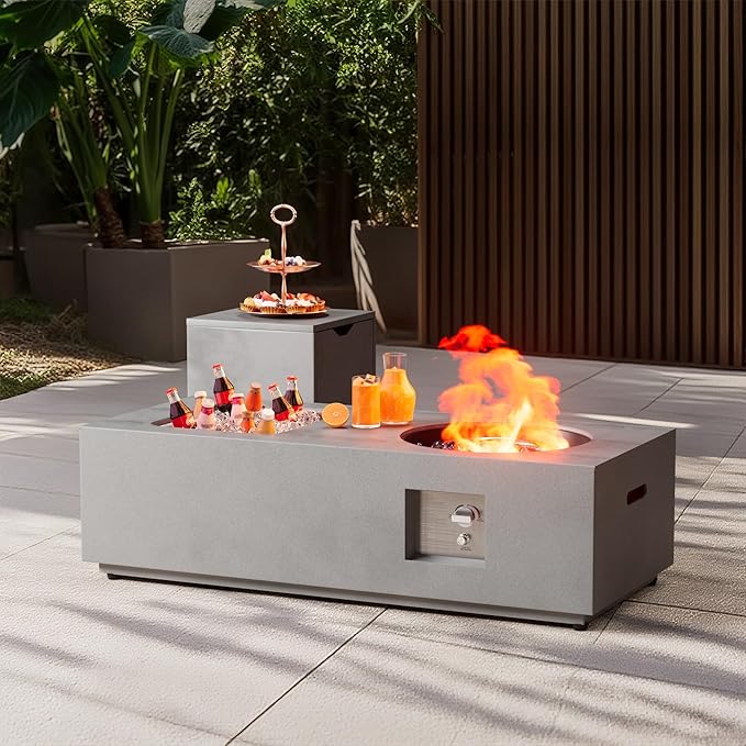 2-Piece 48 Rectangular Propane Fire Pit for Outside Patio with Hidden Tank Table &amp Ice Bucket 50000 BTU Fireplaces with Lid Glass Rocks Cover(Grey w/Ice Bucket)