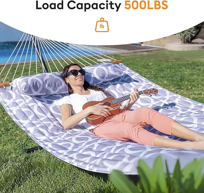 Everyfun Double Hammock with Spreader BarSoft PillowMax Load 500lbsPortable Hammock for OutdoorCampingand BackyardWhite Gray
