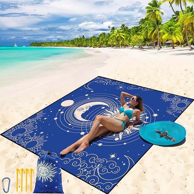 Beach Blanket Waterproof Sandproof Beach Mat 79 X 83/10'x9'for 2-8 Adults Quick Drying Outdoor Picnic Mat Beach Accessories for Travel Camping Hiking