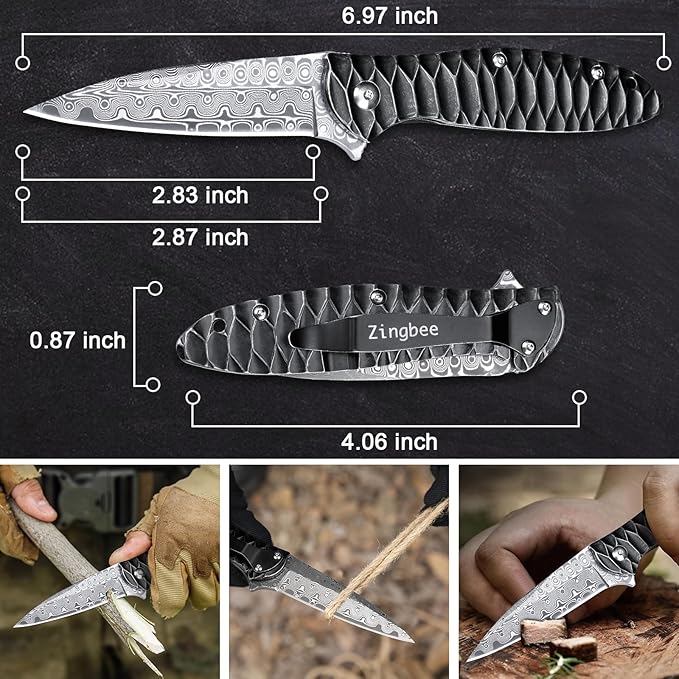 Zingbee Damascus Pocket Knife 2.87 Damascus Blade Folding Knives with Stainless Steel Handle EDC Knife for Camping Hiking Hunting Gift