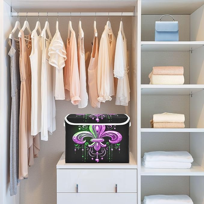 Storage Baskets with Lids Collapsible Bins Mardi Gras Stackable Fabric Linen Baskets Closet Organizer Container 16.5x12.6x11.8