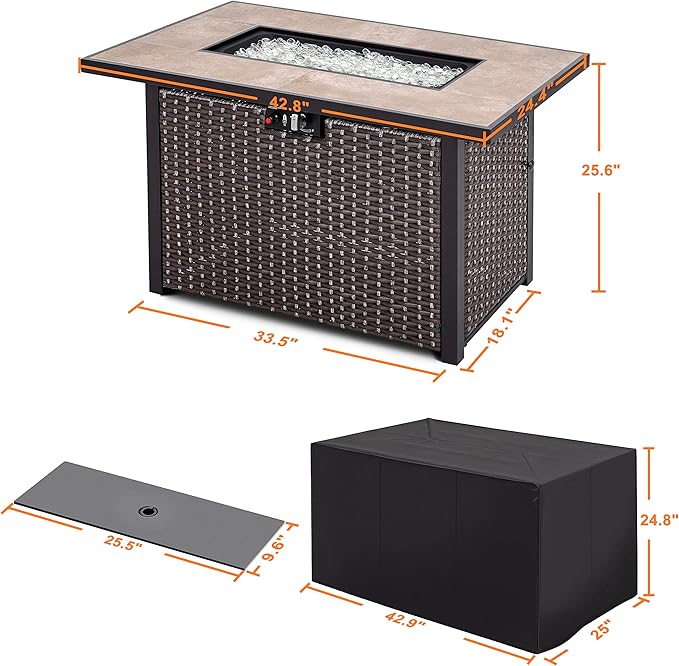 Nuu Garden Propane Fire Pit Table CSA Certified 43 Inch 50000 BTU Outdoor Gas Fire Pit Table with Ceramic Tabletop 7 lbs Glass Stone and Oxford Cover Dark Brown and Coffee