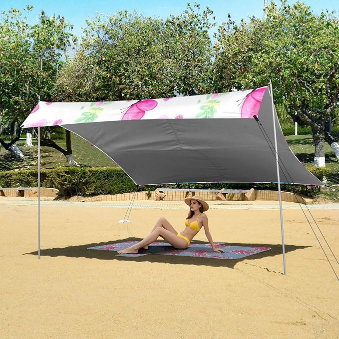 xigua Butterfly Beach Tent Sun Shelter with Carrying Bag - Silver Coated Oxford Fabric Beach Canopy for Beach Camping Fishing - Includes Windproof Ropes Sandbags &amp Stakes