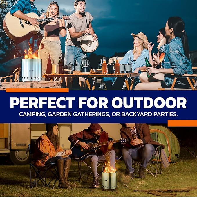 CAMPIOR Wood Burning Fire Pit Stove - Smokeless Outdoor Stove for Wood Fires Camping Cooking and Garden Gatherings Durable Stainless Steel with Removable Ash Pan with Stand and Black Carry Bag