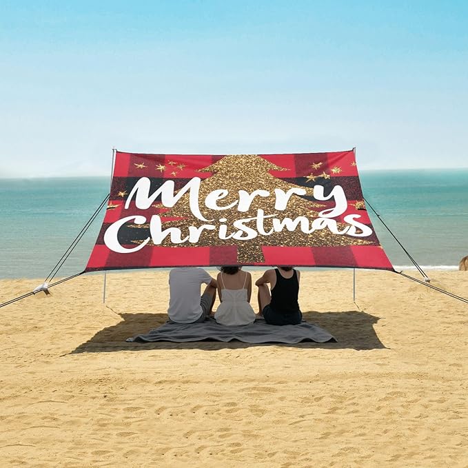 Merry Christmas Buffalo Plaid Red Stable Beach Tent UPF50+ Waterproof Large Portable Sun Shelter with Sandbags Sand Shovel Poles for Backyard and Camping