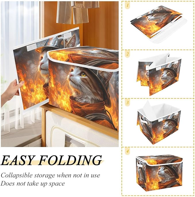 AIXIWAWA Lidded Storage Cube (Firefighter Cats) Fabric Foldable Closet Bins with Flip Lid and Handles Organizer Basket Container 16.5 x 12.6 x 11.8 IN