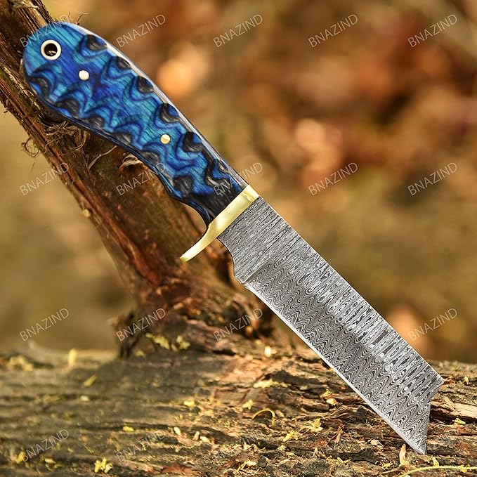 8 Handmade Damascus Bull Cutter Knife with Pancake Sheath - Western Cowboy knife for Hunting Skinning Camping and outdoor activities