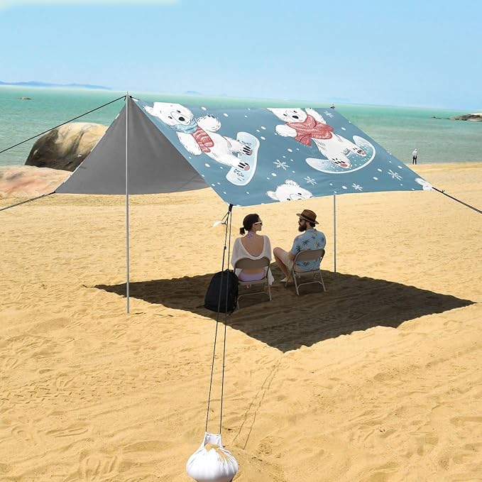 ALAZA Bear Snowboard Winter Beach Tent Sun Shelter UPF50+ Protection Beach Shade Canopy w/ 4 Sandbags for Outdoor Camping Fishing Backyard Fun Picnic 10x9 ft