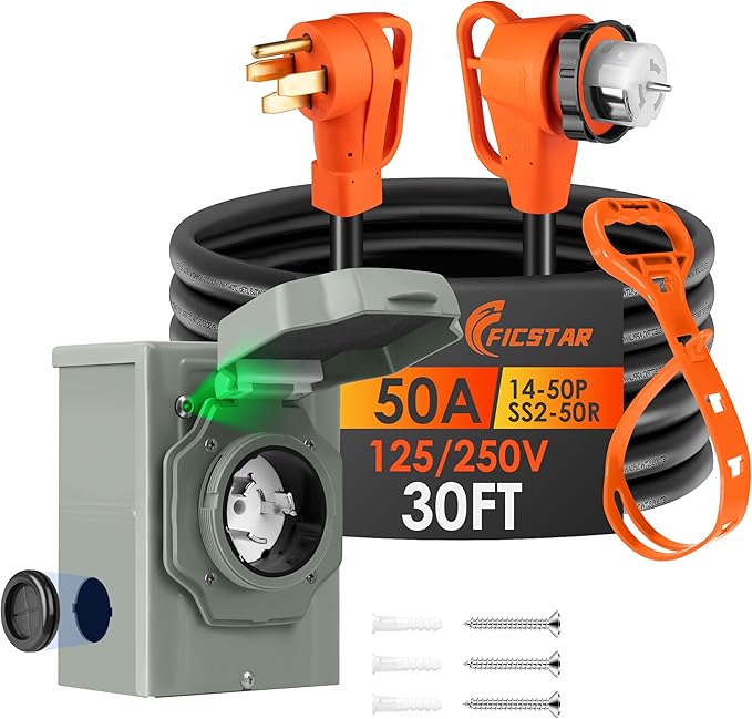 30FT 50 Amp Generator Cord and Power Inlet Box Kit NEMA 14-50P to SS2-50R Generator Extension Cord Pre-Drilled 50 Amp Generator Inlet Box with STW Wire 125/250V 12500WUL&ampETL Listed