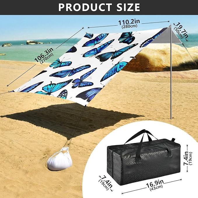 Beach Canopy with Windproof Ropes &amp Sandbags Beach Tent Sun Shade Sun Shelter for Camping Trips Fishing Backyard Fun or Picnics Blue Butterfly