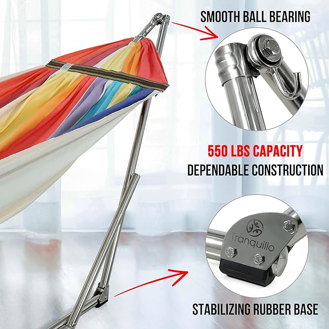 Tranquillo Double Hammock with Stand 550lb Capacity Double Hammock with Spreader Bar Solid Grade 201 Stainless Steel 30s Set Up Sturdy Flexible Hammock Stand Portable Outdoor Indoor Rainbow