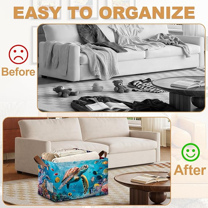 Sea Turtle Storage Bins with Handles Collapsible Storage for Clothes Gift Basket Blankets &amp Closet Organization