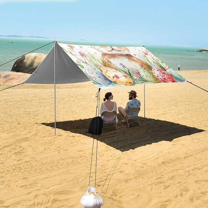 ALAZA Happy Easter Easter Rabbit Eggs Spring Flowers Beach Tent Sun Shelter Portable Canopy Sunshade for Outdoor Camping Picnics Backyard Fun 10x9 ft