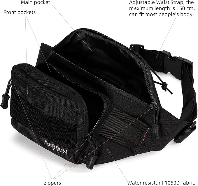 AMHEH 3.5L Tactical Fanny Pack for Men - 1050D Crossbody Waist Bag for Everyday Carry and Light Hiking Fits 28 - 50 Waists (Black)