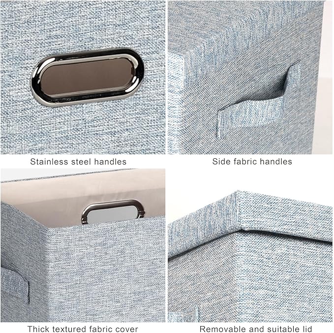 Graciadeco Large 17 36 Quart Collapsible Stackable Storage Bins with Lids 3 Packs Blue-Grey Linen Fabric Closet Boxes with Lids Storage Cube Baskets Container Organizers for Bedroom (17x12x11)